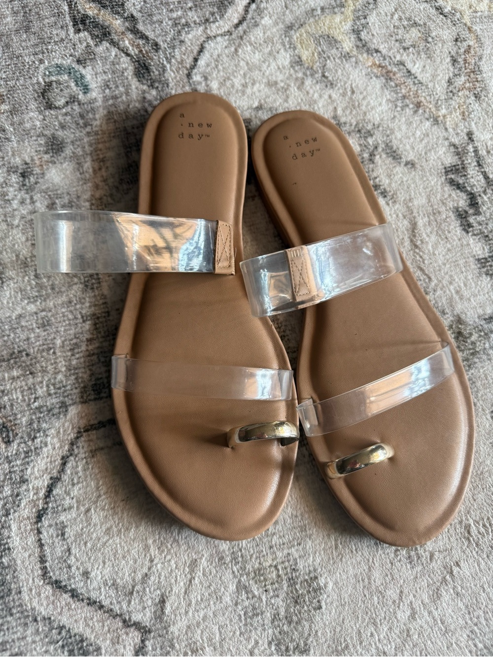 a new day Tan Slide Sandals with Clear Double Straps